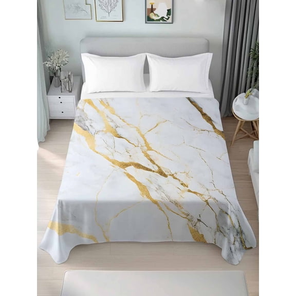 Marble White Gold Twim XL Size Flat Sheet, Wrinkleproof & Fadeproof Cooling Flat Bed Sheet Only, Modern Marbles Geometric Breathable Soft Bedding Top Sheets 66 x 102 Inches