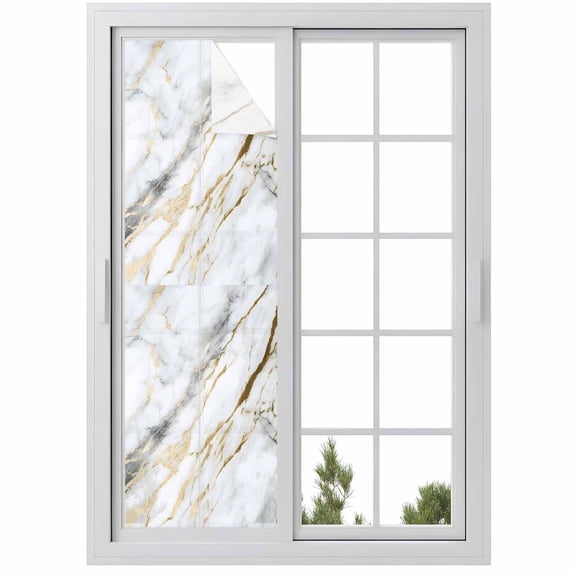Marble White Gold Window Privacy Film, Modern Abstract Geometric Static Cling UV Sun Blocking Heat Control Window Tint Day and Night, Non-Adhesive Reusable One Way Windows Privacy Cover 17.7''x78.7''