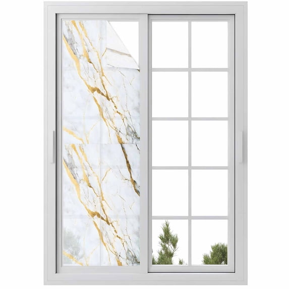 Marble White Gold Window Privacy Film, Modern Marbles Geometric Static Cling UV Sun Blocking Heat Control Window Tint Day and Night, Non-Adhesive Reusable One Way Windows Privacy Cover 17.7''x78.7''