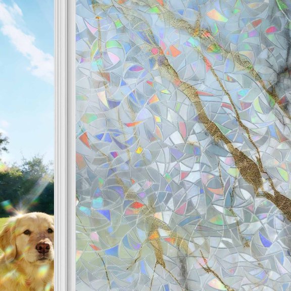 Marble White Gold Window Privacy Film Stain Glass,Reusable Decorative Rainbow Window Film,Abstract Simple Marble Geometric Static Cling Sun Blocking Stickers Decals Covers 19.6" x 39.3" (2pcs)