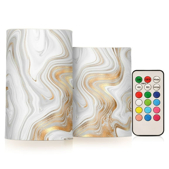 Marble with White Grey and Gold 2 PCS LED Flickering Flameless Candles with Remote Control Realistic 3D Wick LED Window Candles Sets for Wedding Table Home Decoration Gifts