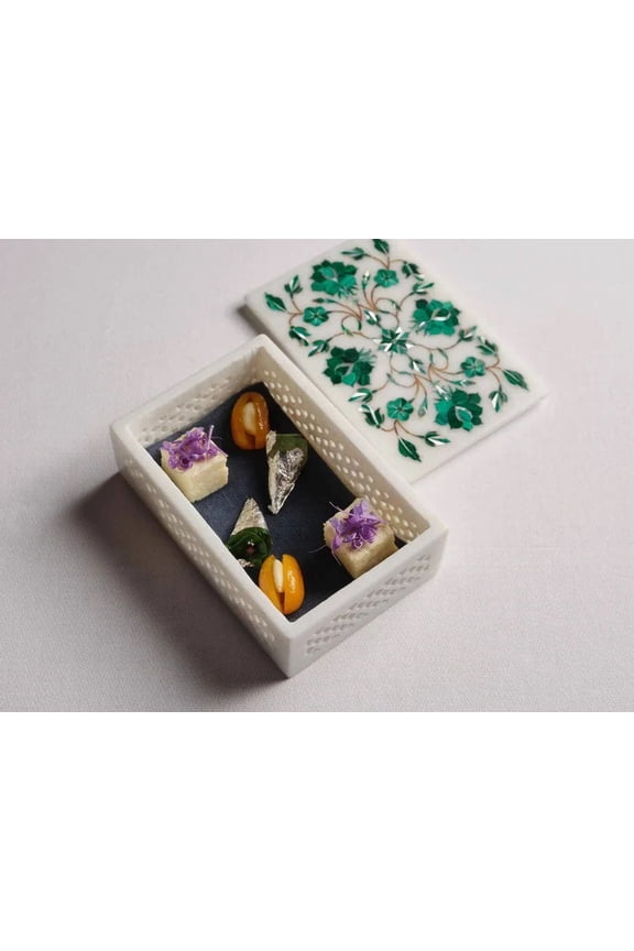 Marble White Jewelry Lidded Box Malachite Inlay Floral Art
