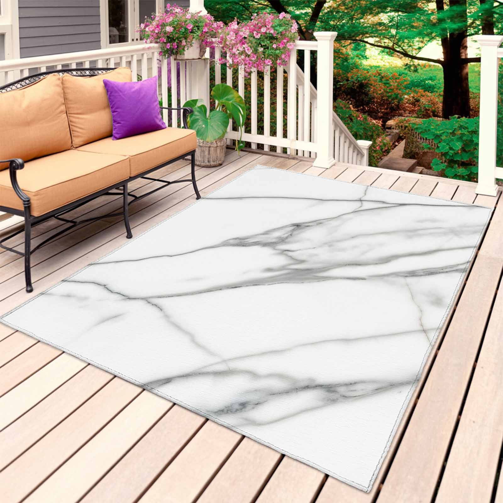 Marble White Outdoor Rug 4x6 Ft, Non Slip Washable Area Rug, Ombre Grey Modern Minimalist Patio Rugs Carpet Runner, Large Floor Mat for Indoor/Outdoor Deck Porch Camping