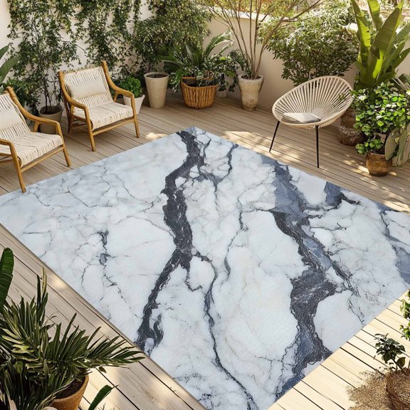 Marble White Outdoor Rug 4x6 Ft - Reversible Patio Rug Outdoor Camping Rugs, Modern Abstract Art Ink Painting Washable Indoor Outdoor Area Rugs, Non-Slip Outdoor Carpet Runner for Deck/Porch