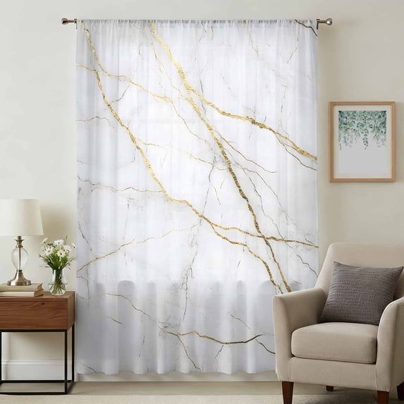 Marble White Sheer Curtains 72 Inches Long, Modern Abstract Art Golden Ink Painting Light Filering Curtains, Breathable Simi Curtain Privacy Drapes for Living Room Bedroom Window Treatment