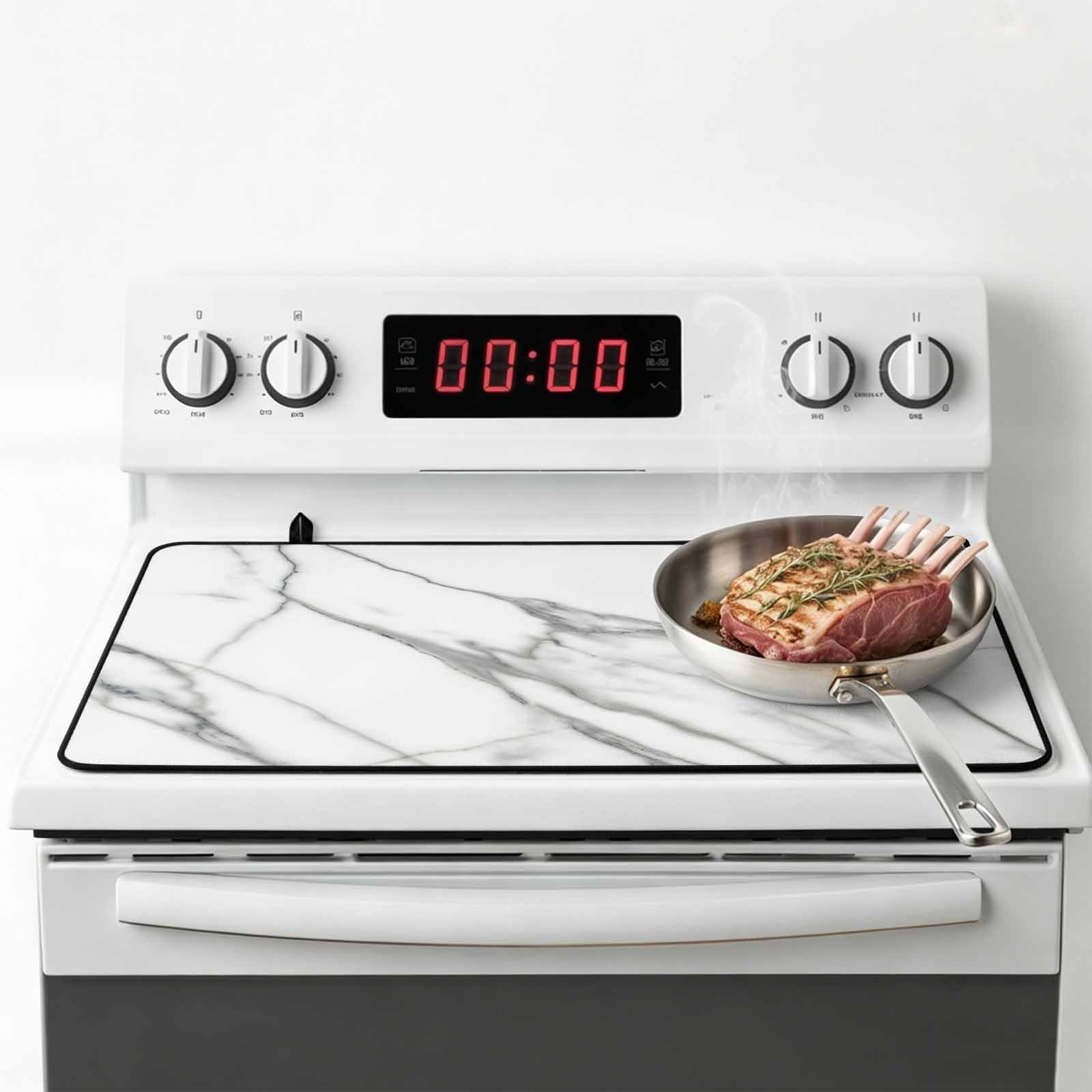 Marble White Stove Top Cover for Electric Stove, Heat-proof & Non Slip Glass Top Stove Cover Protector, Ombre Grey Modern Minimalist Kitchen Flat Cooktop Rubber Mat 24x21 Inches