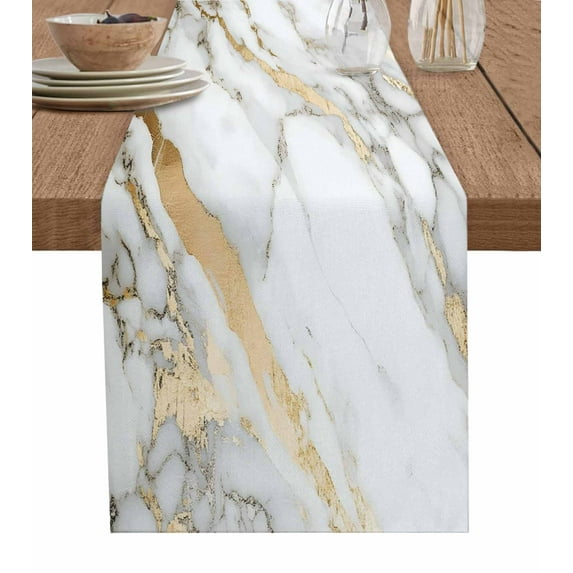 Marble White Table Runner Cotton Linen 90 Inch Holiday Dresser Scarves, Abstract Yellow Crack Artwork Tablerunner for Kitchen Coffee Dining Bedroom Home Living Room Dinner Scarf Décor 13''x90''