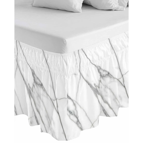Marble White Wrap Around Bed Skirts for Queen Bed 16" Drop, Bed Skirt with Adjustable Elastic Belt Dust Ruffle Bed Valance for Bedroom Hotel Luxury Ombre Grey Modern Minimalist Bed Frame Cover