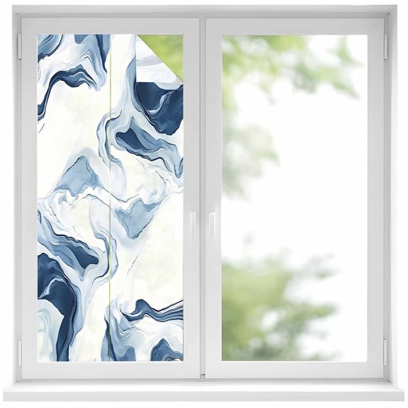 Marble Window Privacy Film, Blue Abstract Neutral Textured Modern Watercolor Static Cling UV Sun Blocking Heat Control Window Tint Day and Night, Non-Adhesive One Way Windows Privacy Cover 17.7x39.3