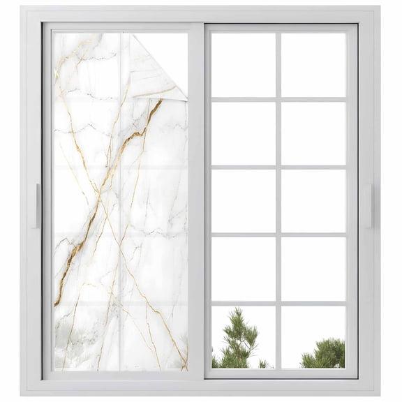 Marble Window Privacy Film, Grey Golden Crack Minimalistic Abstract Static Cling UV Sun Blocking Heat Control Window Tint Day and Night, Non-Adhesive One Way Windows Privacy Cover 23.6''x59''