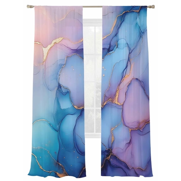 Marble Window Sheer Curtain Abstract Art Purple Blue Gradient Cave Rock Golden Lines Semi Curtain Sheers Light Filtering Rod Pocket Voile Drapes for Bedroom Kitchen 52 X 108 Inch, 2 Panels