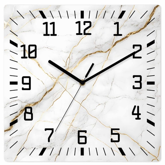 Marble Wooden Wall Clock Silent Non Ticking, Grey Golden Crack Minimalistic Abstract Square Wall Clocks Battery Operated, Decor Clock for Home Office, Living Room, Kitchen, 12 Inch