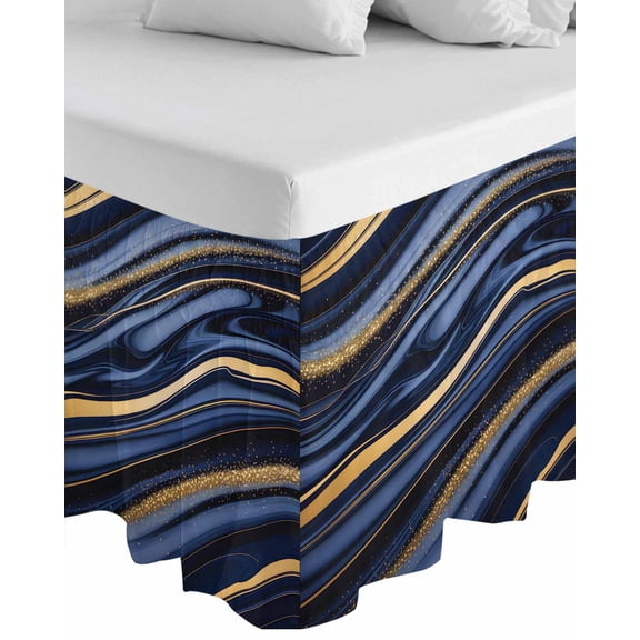 Marble Wrap Around Bed Skirts for King Bed 18" Drop, Bed Skirt with Adjustable Elastic Belt Dust Ruffle Bed Valance for Bedroom Hotel Luxury Navy Blue Modern Abstract Gold Gradual Art Bed Frame Cover