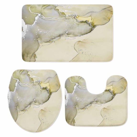 Marble Yellow Bath Mat 3 Piece Bathroom Rug Set, Modern Abstract Ink Painting Luxury Non Slip Bath Rug Contour Mat and Toilet Lid Cover, Absorbent Shower Mats Soft Bath Rugs and Mats Sets