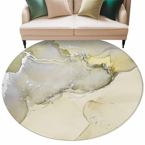 Marble Yellow Large Area Rugs for Bedroom Living Room, Soft Non Slip Carpet Bedside Rug, Modern Abstract Ink Painting Luxury Round Floor Cover Kitchen Accent Rug 5' for Dining Room/Office