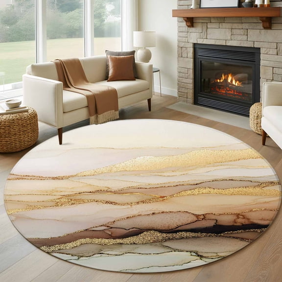 Marble Yellow Round Rugs for Living Room 6ft Gradient Gold Marbling Modern Art Non Slip Circle Rug Washable Low-Profile Indoor Carpet for Bedroom, Dining Room, Bathroom