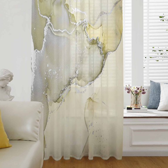 Marble Yellow Sheer Curtains 63 Inch Length, Light Filtering Voile Curtain Panel, Modern Abstract Ink Painting Luxury Rod Pocket Drapes Window Treatments for Living Room Bedroom 52"x63"