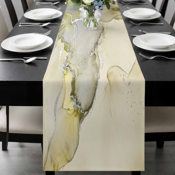 Marble Yellow Table Runner 48 Inches Long, Modern Abstract Ink Painting Luxury Kitchen Coffee Dining Table Decoration for Home Party Birthday Wedding Home Decor 13x48 Inches