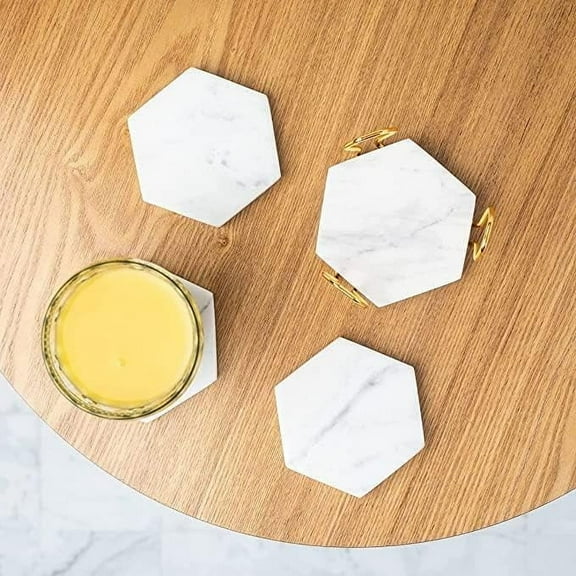Marble and Wood Coaster Set Hexagon Shape Coaster Suitable for Home Table Cocktail Tea Coffee and Drink Coaster Tray(Pack of 4)