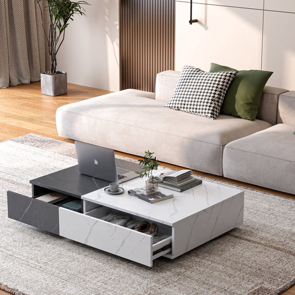 Marble - finished Rectangular Cocktail Table / Great for Sofa Relaxation / Flat Noodles Chassis Storage Solution