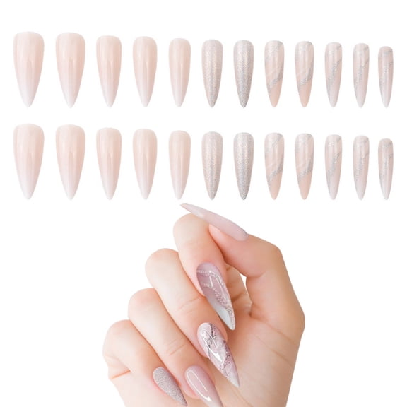 Marble nail false nail long pressed nail flash acrylic full coverage gradient false nail tip, suitable for women and girls 24 pieces