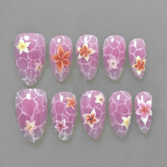 Marble pattern wearing nail fresh summer flower manicure fake nail short almond foreign trade hot-selling nail wholesale