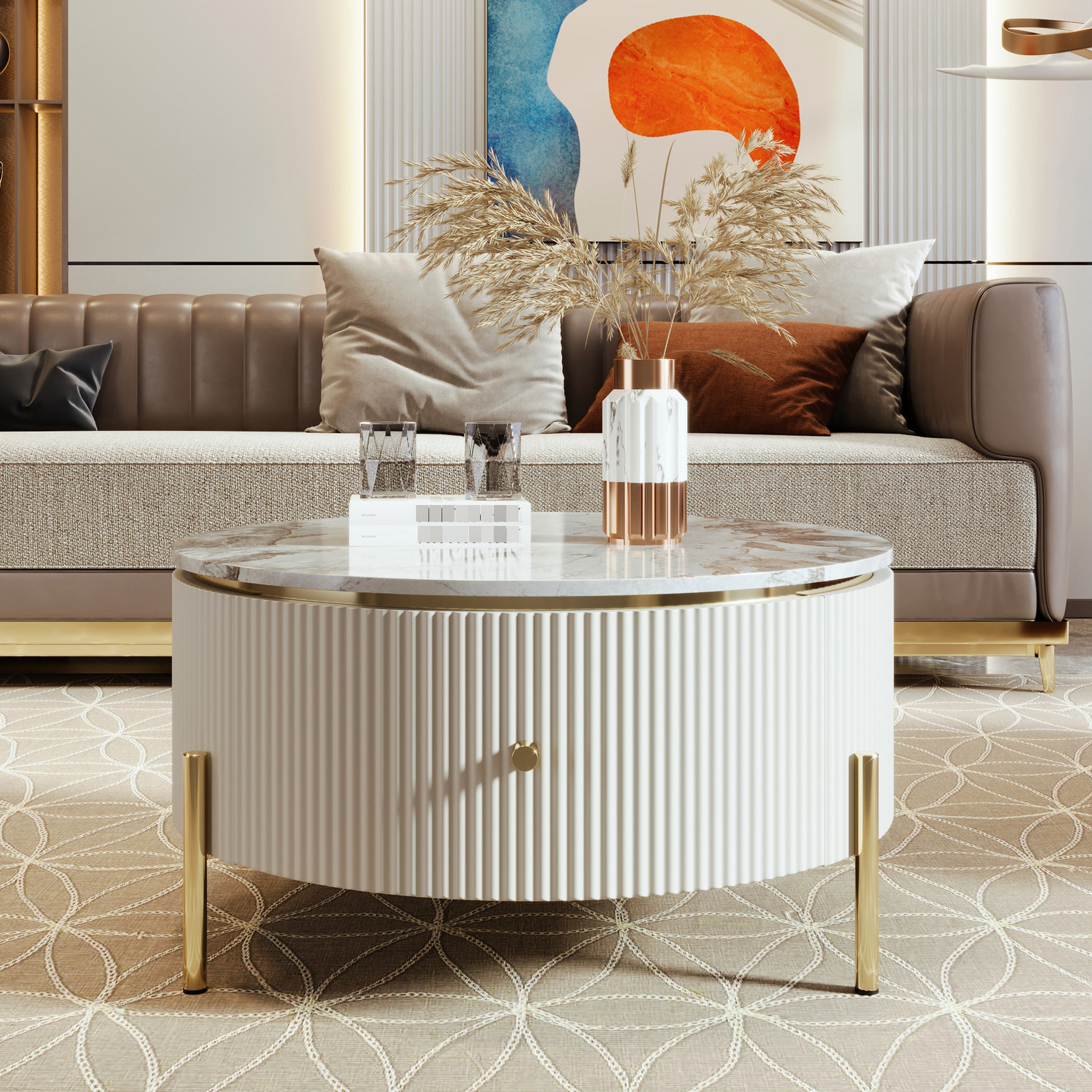 Drawer Mable Table Marble - patterned tabletop for luxury look - Round coffee table with ...