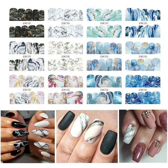 Marbled Floral Nail Water Stickers Full Wrap Self Gel Polish Strips Decals For Women And Girls