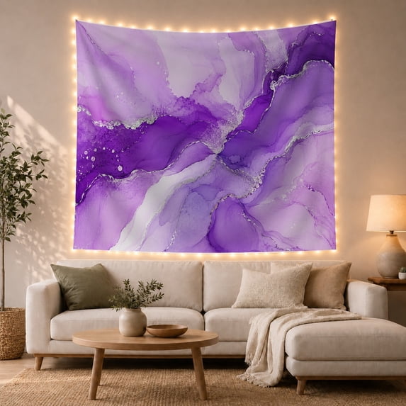 Marbled Purple and White Fluid Swirls Against Silver Veins, Serene Abstract for Art Lovers, Modern Wall Decor, Housewarming Gift Tapestry Wall Hanging for Living Room and Bedroom