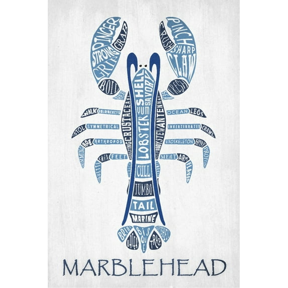 Marblehead, Massachusetts, Blue Lobster, Typography (24x36 Giclee Gallery Art Print, Vivid Textured Wall Decor)