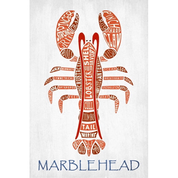 Marblehead, Massachusetts, Red Lobster, Typography (12x18 Wall Art Poster, Room Decor)