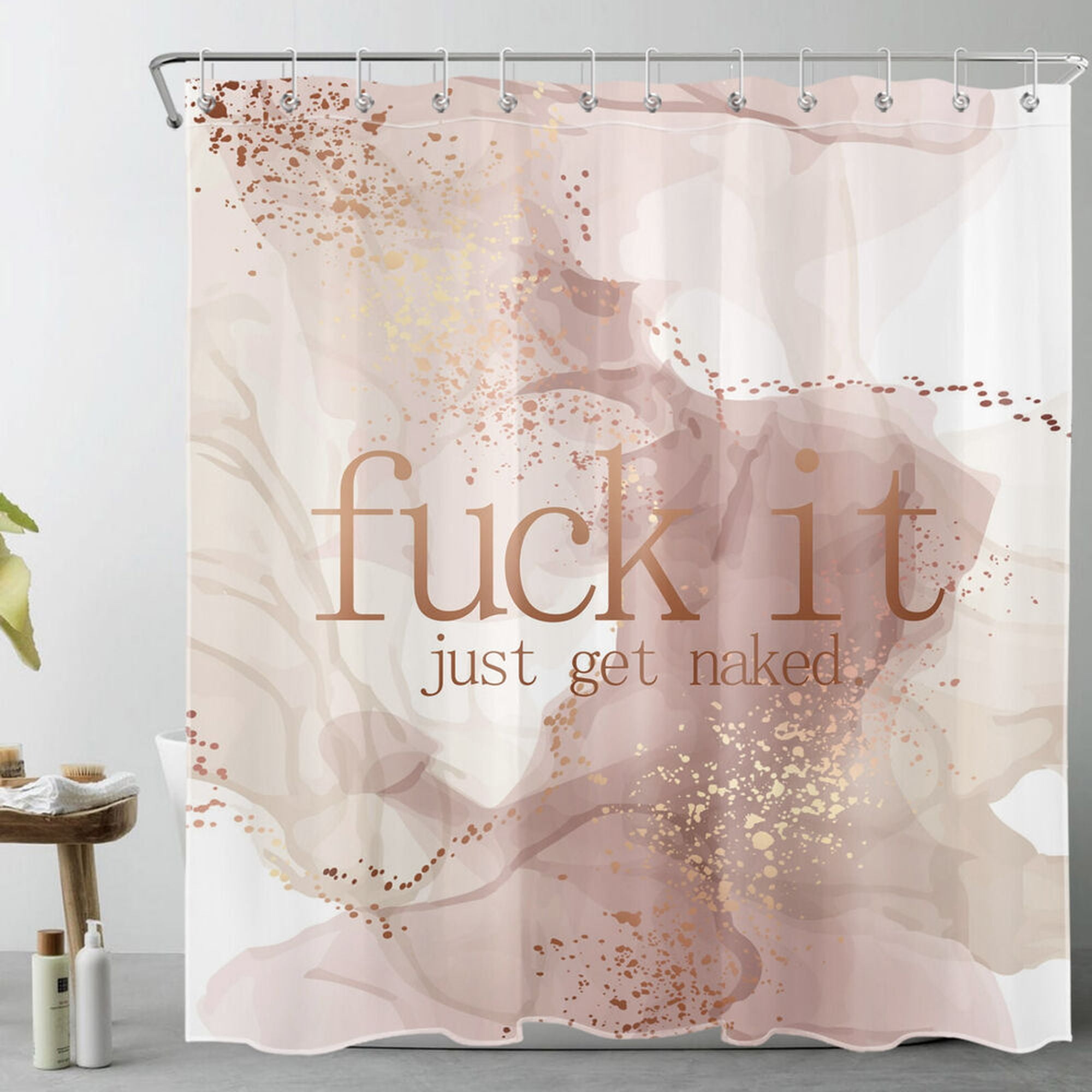 Marbleized Shower Curtain with Playful Phrases in Golden Pink