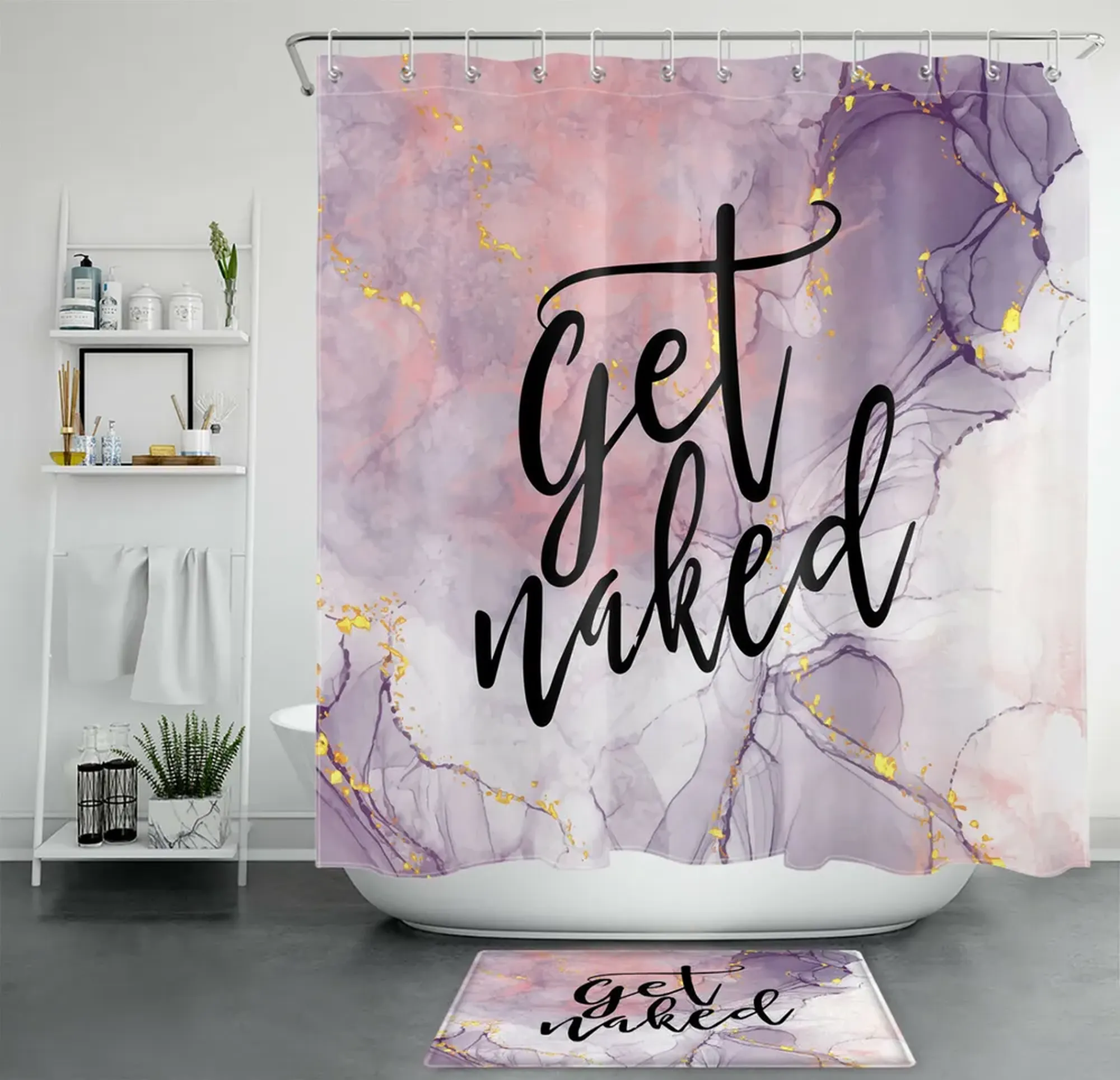 Marbleous Pink & Gold Shower Curtain Set for a Chic Bathroom Look