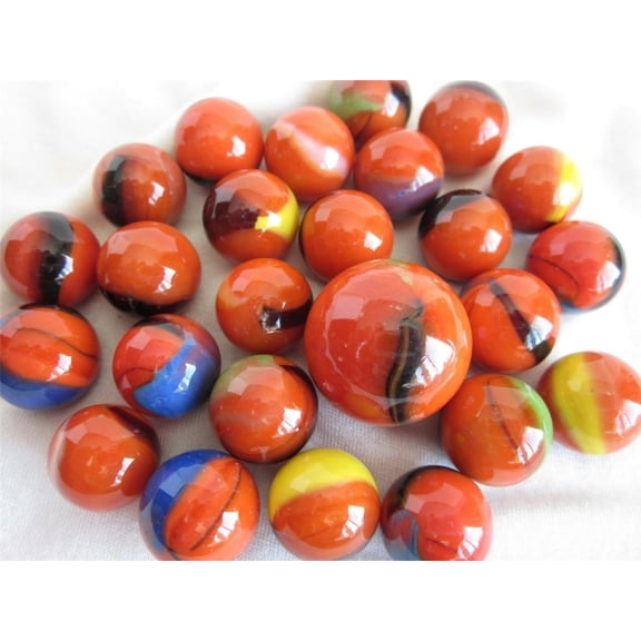 25 Glass Marbles CLOWNFISH Orange Yellow Blue green game vtg style Shooter Patch