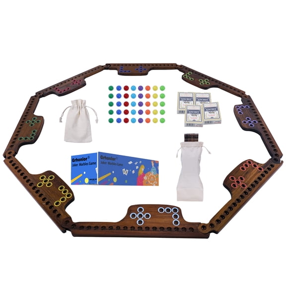 Marbles and Jokers Board Game Pegs and Jokers Real Solid Wood (Pine) Game Board Wooden for 2-8 Players 8 Game Boards 8 Colors 40 Marbles 4 Boxes Card(Vintage Flame)