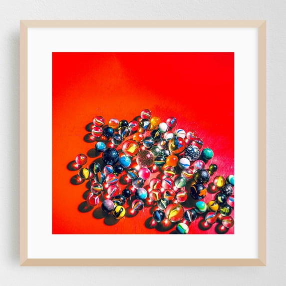 Marbles on vibrant red - Photography Abstract Modern Art Pop Art Geometric Vintage Oak Framed Wall Art Print 8 x 8 inches