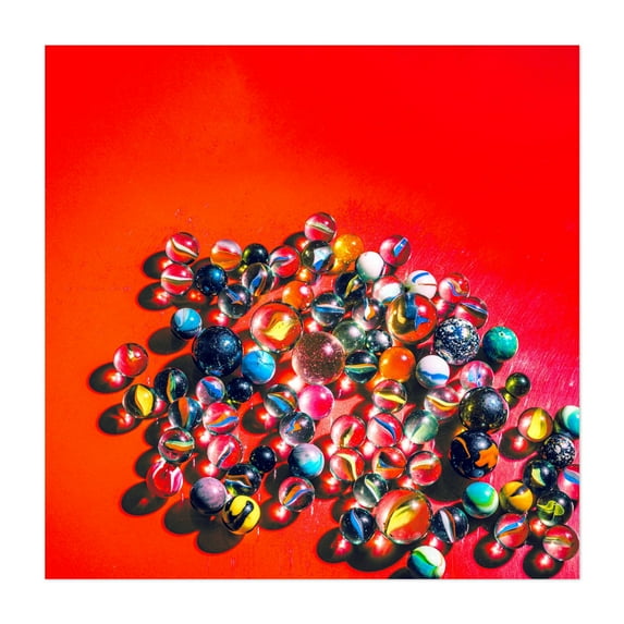 Marbles on vibrant red - Photography Abstract Psychedelic Modern Art Geometric Pop Art Minimalist Unframed Wall Art Print 16 x 16 inches