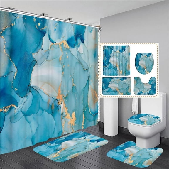 Marbling 3D Printing Shower Curtains Marble Golden Stripes Bath Mats Set Rug Toilet Lid Cover Bathroom Curtain with Hooks