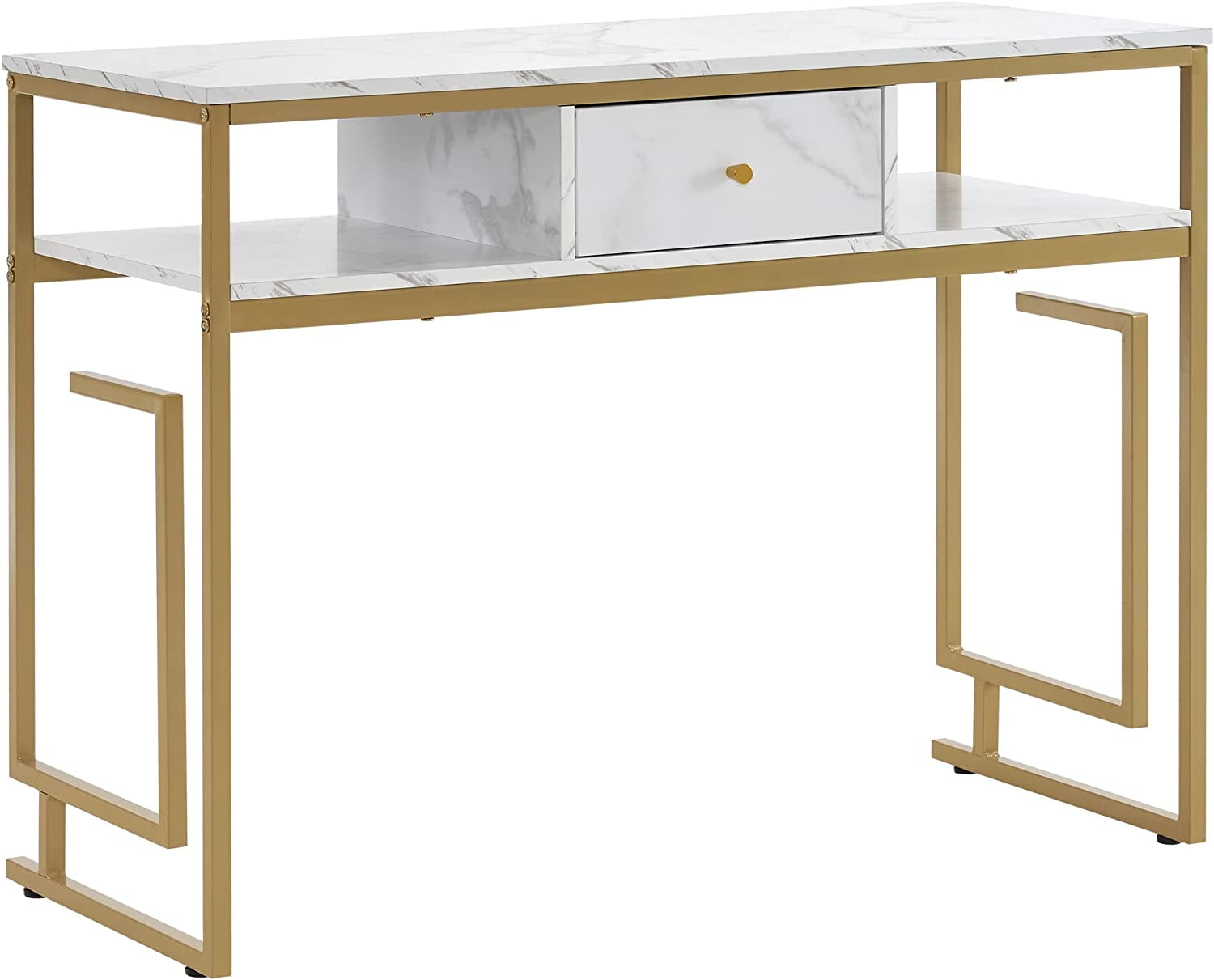 White Faux Marble and Gold Metal Manicure Table with Drawer