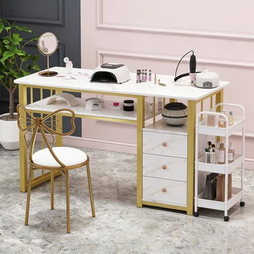 Marbling Texture Manicure Table, 3 Drawers Manicure Desk Steel Frame Utility Nail Tech Desk with Black Foot Pads for Living Rooms Commercial Nail Salons(Gold White)$$Home Decor, Kitchen, & Other