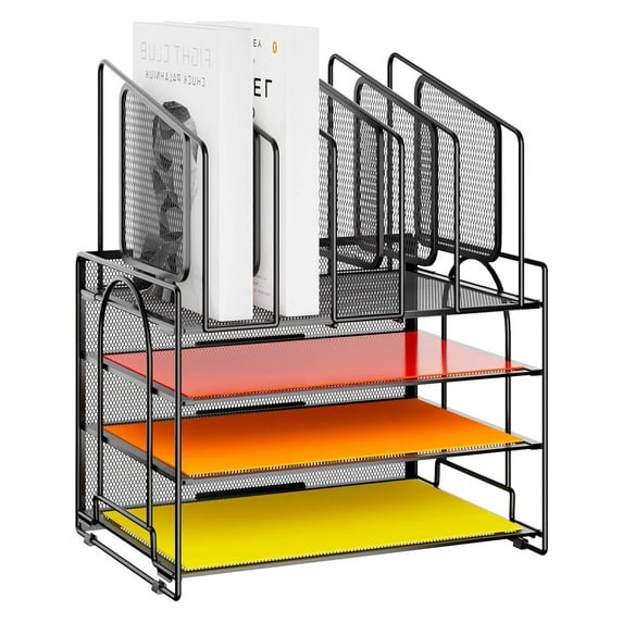 Marbrasse 4-Tier Mesh Desk File Organizer,5 Vertical File Holder and Handle for Home Office (New Vertical Holder-Black)