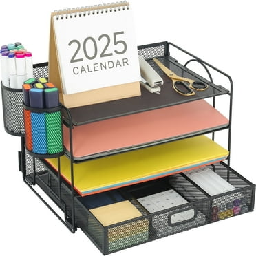 Marbrasse 4-Tier Desk Organizer with Drawer – Multi-Functional Desktop File Holder with Pen & Pencil Cup, Letter Tray Organizer for Office Supplies, Black Metal File Organizer for Home and Office
