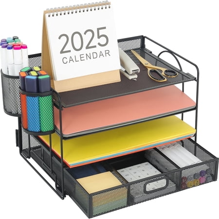 Marbrasse 4-Tier Desk Organizer with Drawer – Multi-Functional Desktop File Holder with Pen & Pencil Cup, Letter Tray Organizer for Office Supplies, Black Metal File Organizer for Home and Office