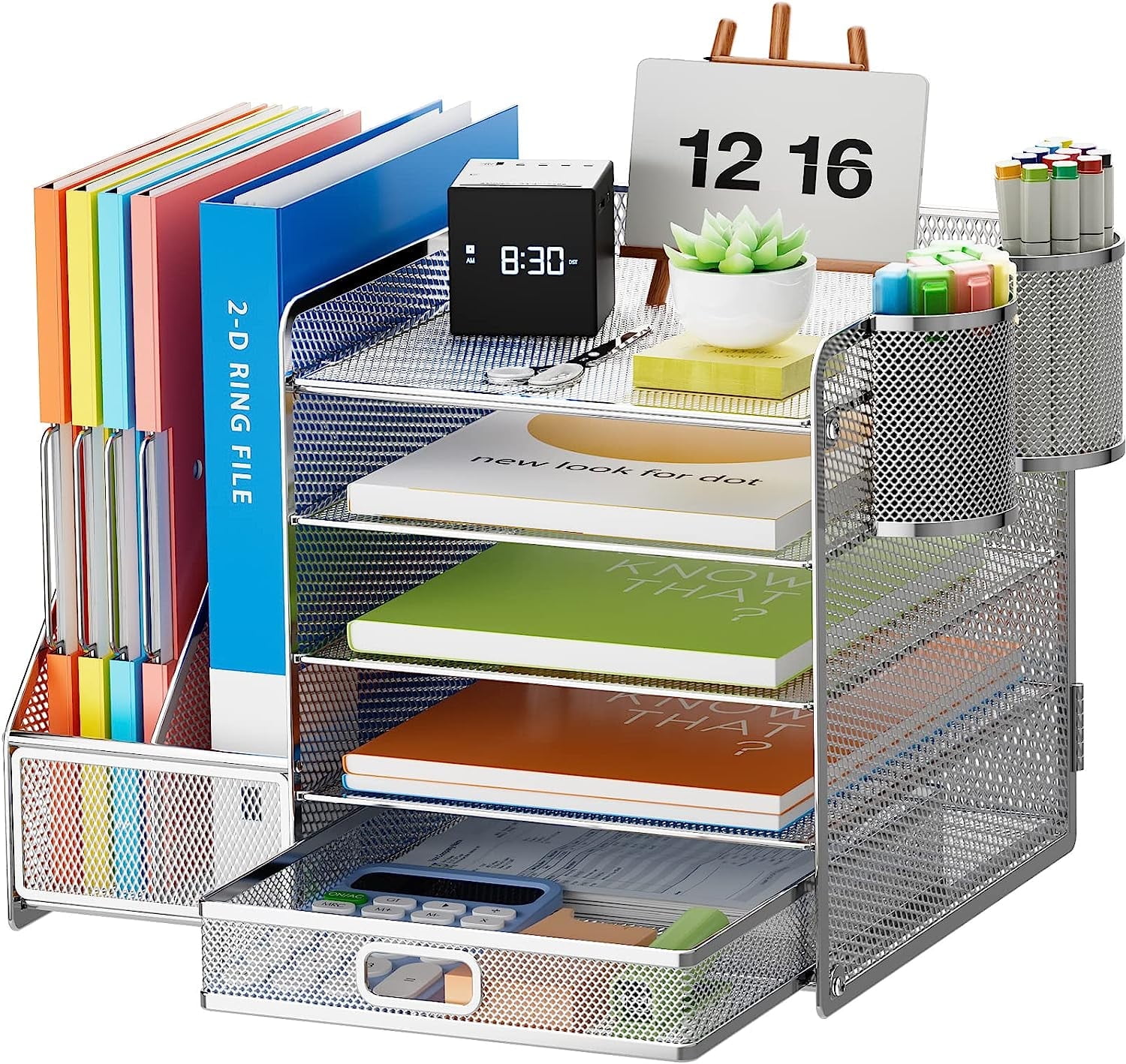Marbrasse 5-Tier Desk Organizer with File Holder, Drawer, and Pen Holders - Mesh Desktop Storage for Office Supplies and Magazines (Silver)