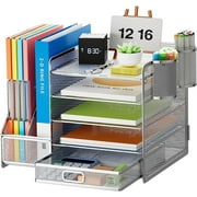 Marbrasse 5-Tier Desk Organizer with File Holder, Drawer, and Pen Holders - Mesh Desktop Storage for Office Supplies and Magazines (Silver)