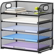 Marbrasse 5-Tier Paper Letter Tray Organizer with Handles, Mesh desktop file storage rack，Metal Desktop Document Shelf Tray Office Classroom Organization