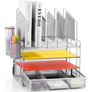 Marbrasse Desk Organizer with Drawer, 4-Tier Mesh Desk File Organizer with 5 Vertical File Holders and 2 Pen Holders, Multifunction Desktop Organizer
