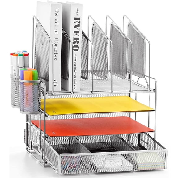 Marbrasse Desk Organizer with Drawer, 4-Tier Mesh Desk File Organizer with 5 Vertical File Holders and 2 Pen Holders, Multifunction Desktop Organizer