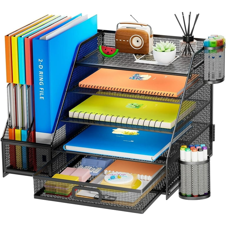 Marbrasse Metal Desk Organizer Set, 5-Tier Letter Tray, Drawer