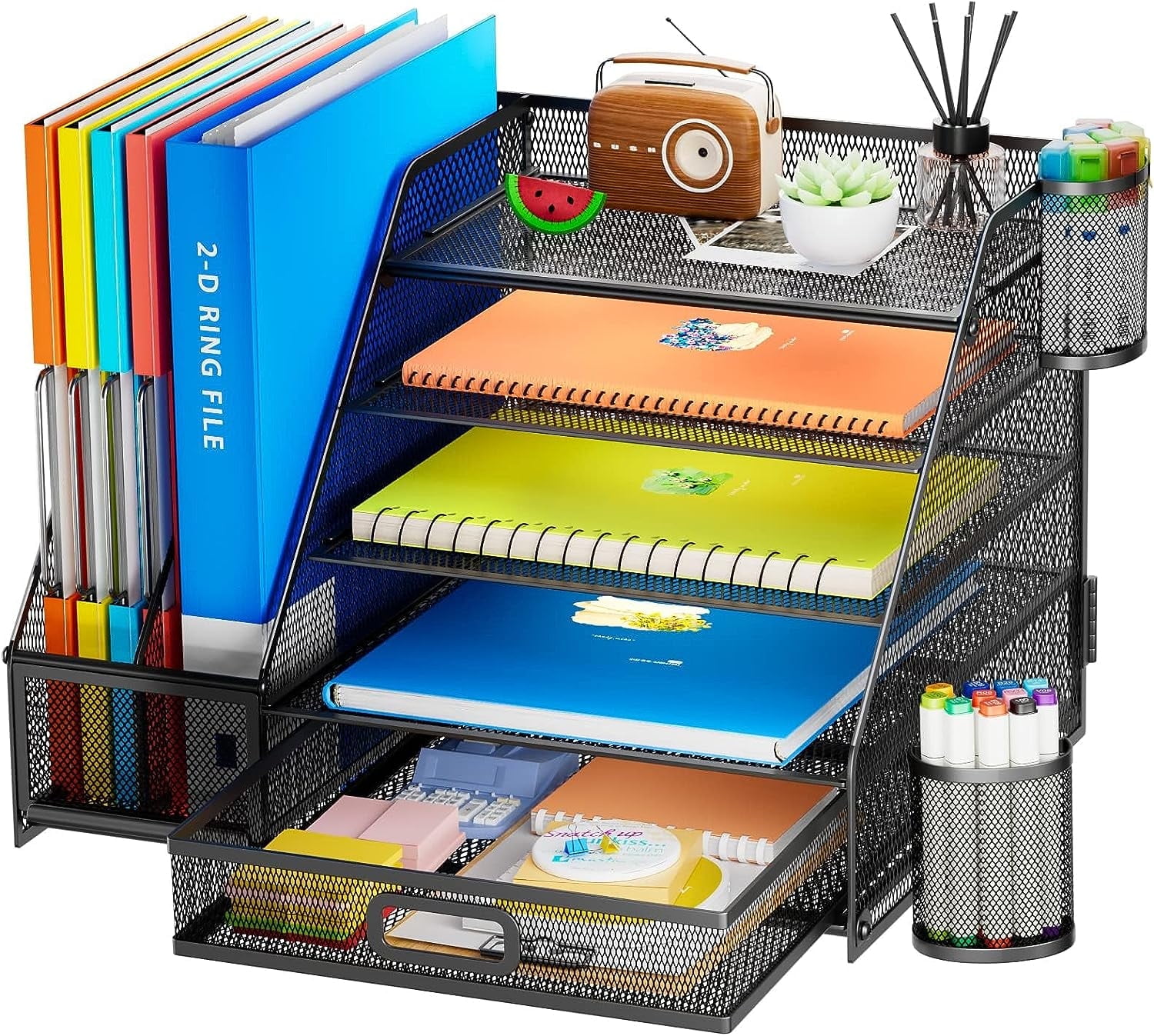 Marbrasse Desk Organizer with File Holder, 5-Tier Paper Letter Tray Organizer with Drawer and 2 Pen Holder, Mesh Desk Organizers and Accessories